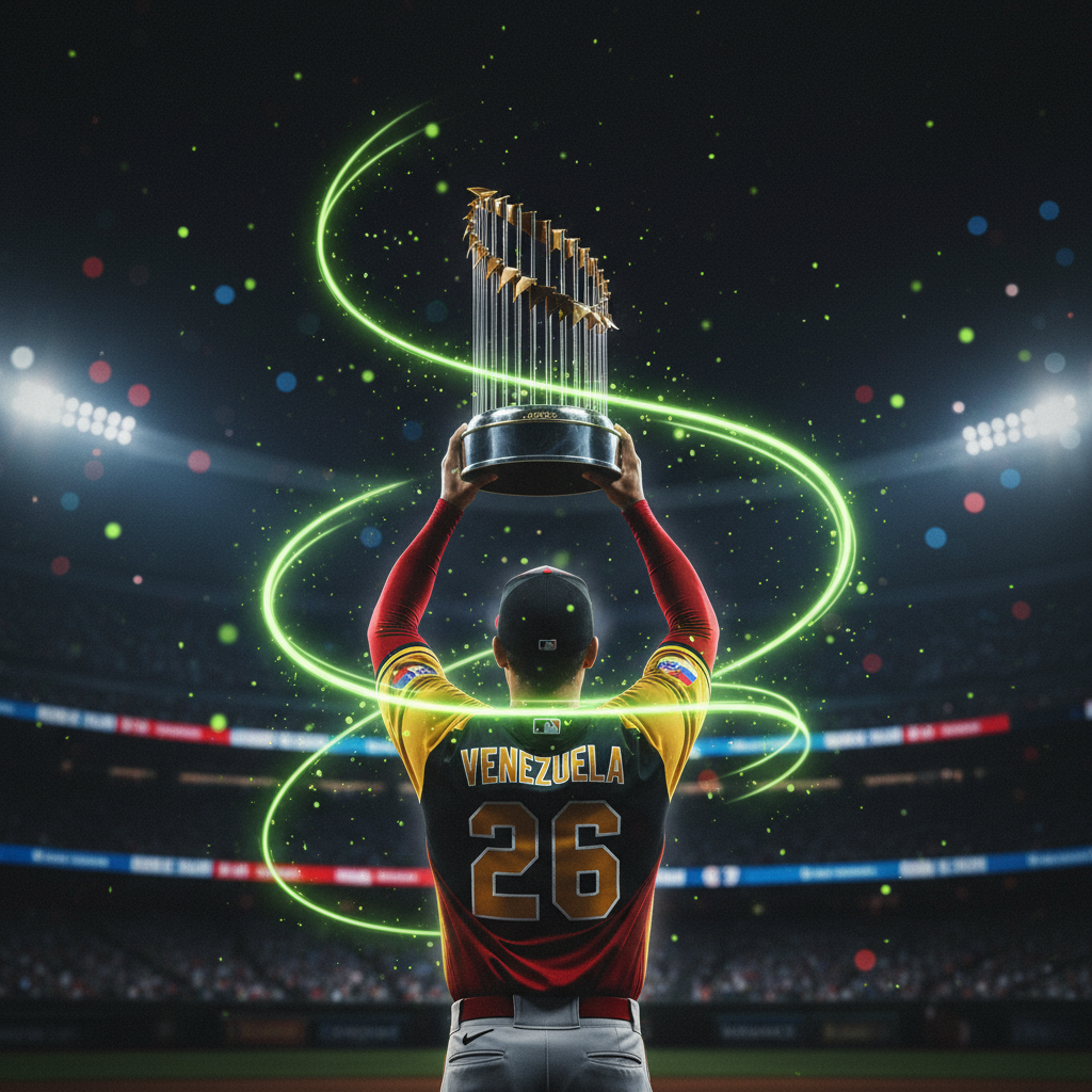 Maikel García of Venezuela, the 2026 World Baseball Classic MVP, swings a bat with a lime green and dark background