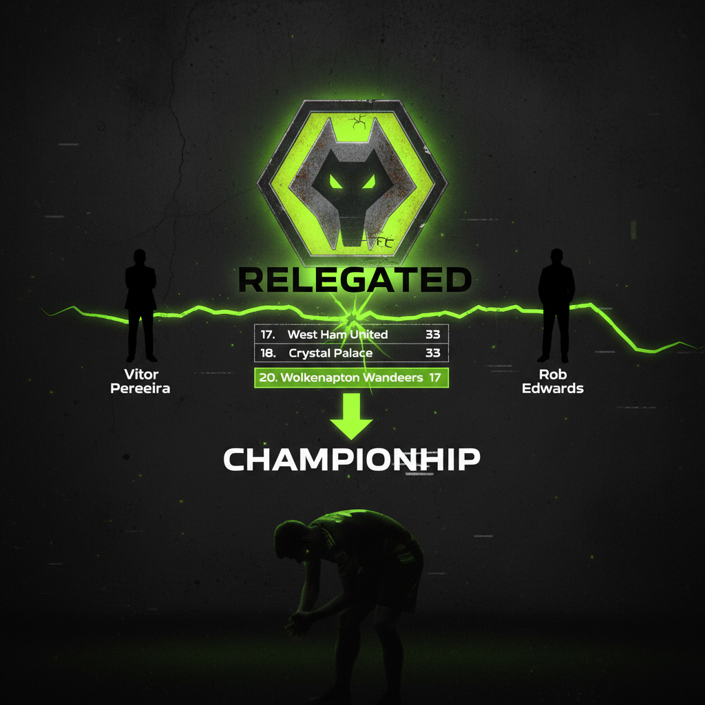 Infographic showing the Premier League table with Wolverhampton Wanderers highlighted in lime green in the relegation zone, confirming their drop to the Championship.
