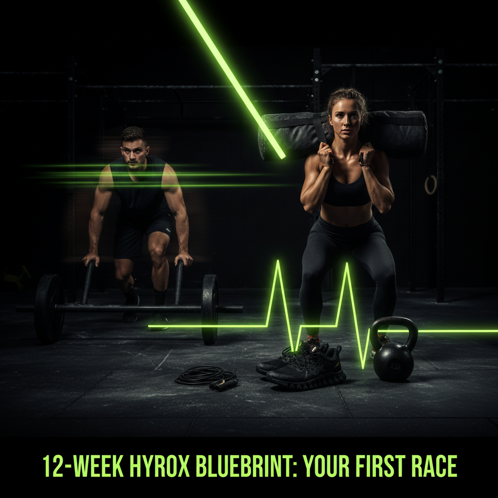 Essential HYROX gear including hybrid shoes and a kettlebell arranged on a dark surface with lime green graphic.