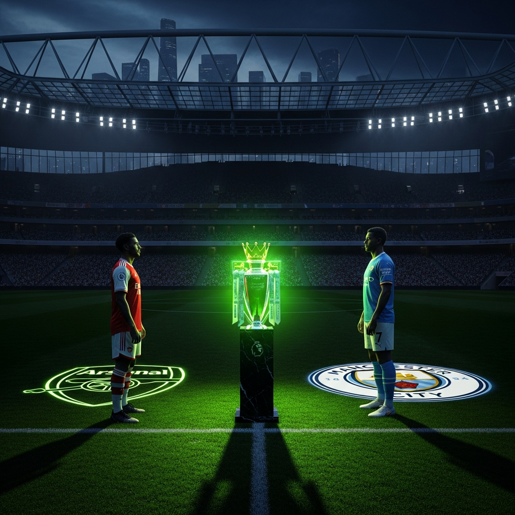 Premier League Trophy with Arsenal and Man City silhouettes