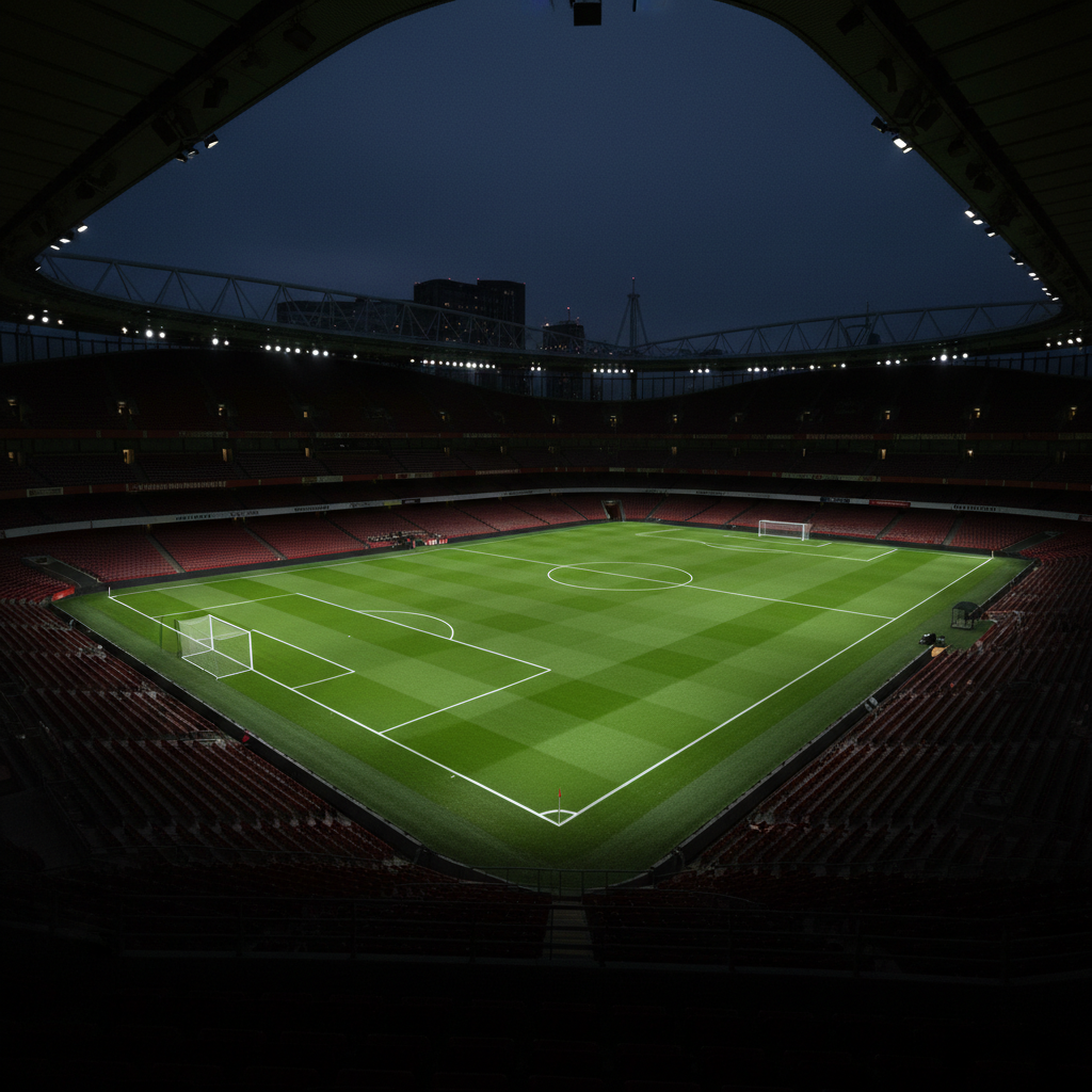 Emirates Stadium at night, illuminated in lime green, symbolizing Arsenal's title hopes in May 2026.