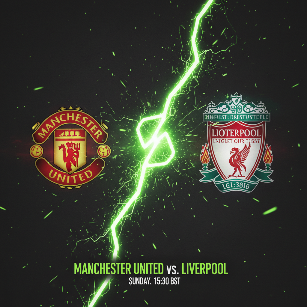 Graphic representation of the Manchester United vs. Liverpool rivalry with team crests clashing with lime green energy.