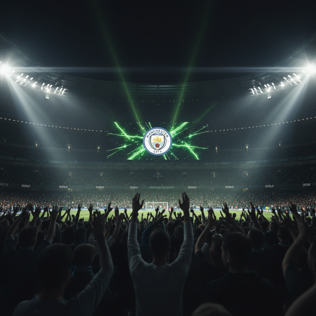 The Manchester City crest on the big screen at the Etihad Stadium, with a dark and lime green color scheme.