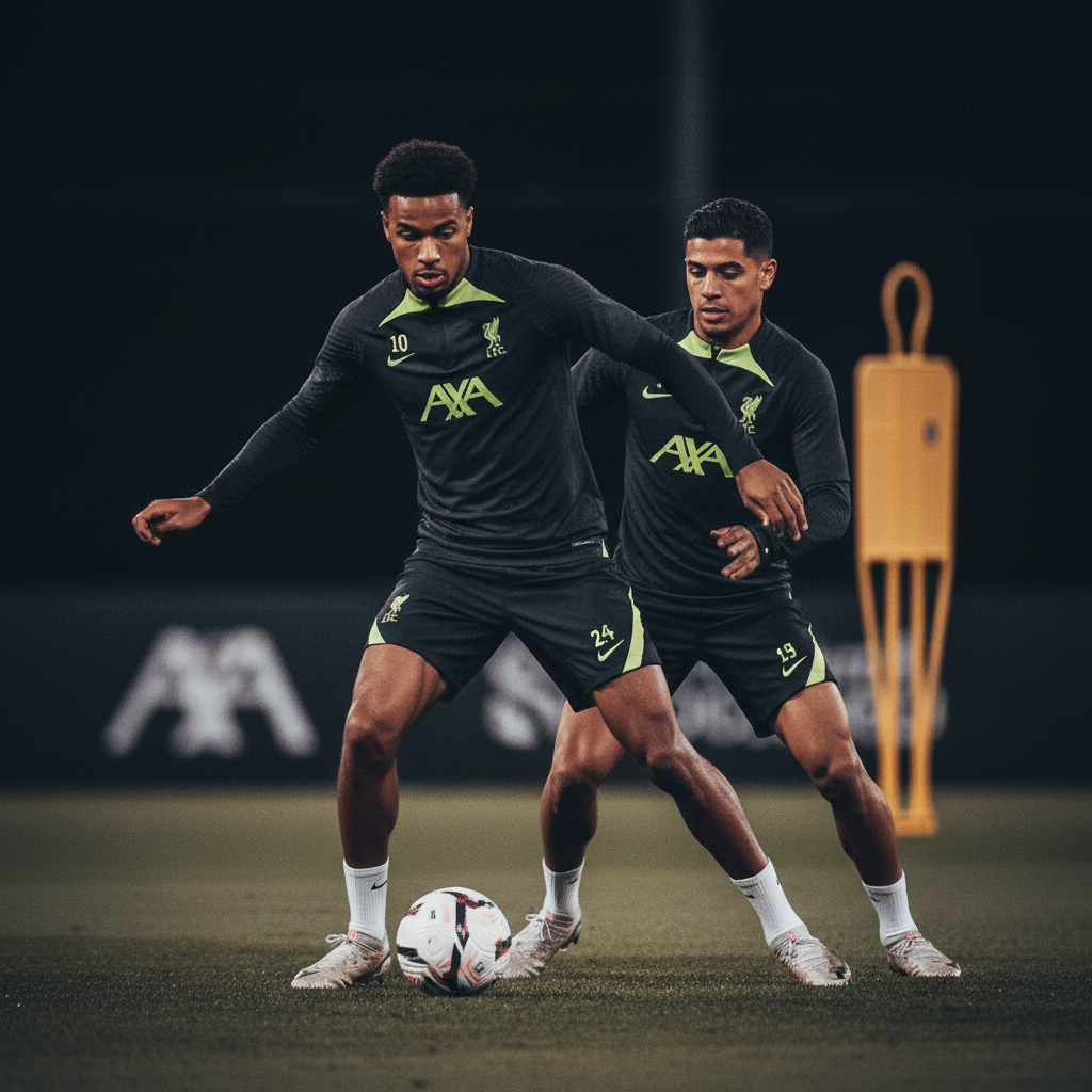 Liverpool forwards Cody Gakpo and Luis Diaz in a determined training session, with a dark and lime green color theme.